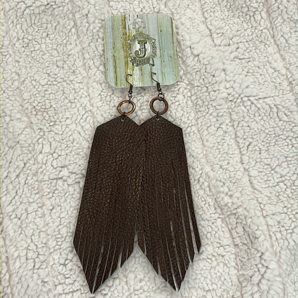 Brown leather fringe earrings by Jewelry Junkie